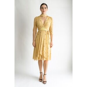 Virginie yellow floral‎ vtg 70s does 40s knee length dress